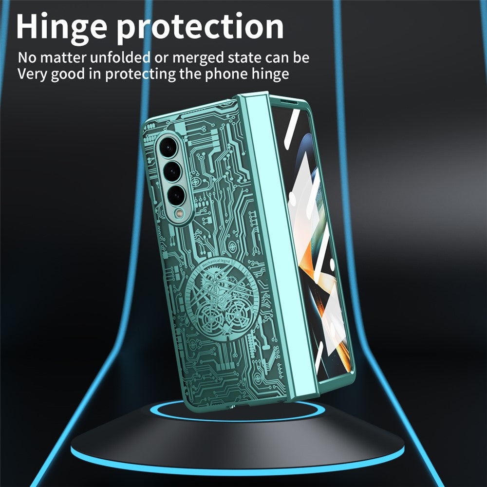 For Samsung Galaxy Z Fold4 5G Mechanical Legend Series Electroplating Phone Case Hard PC Shockproof Cover with Tempered Glass Film