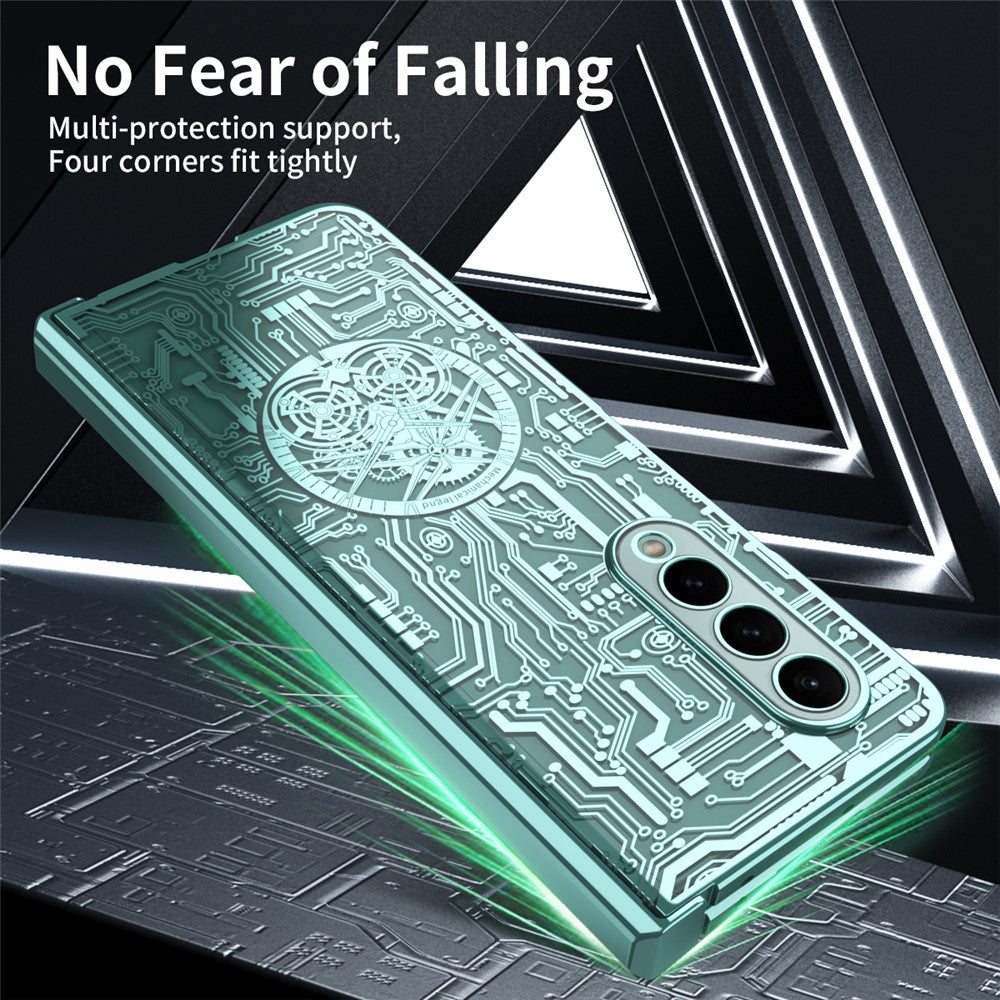 For Samsung Galaxy Z Fold4 5G Mechanical Legend Series Electroplating Phone Case Hard PC Shockproof Cover with Tempered Glass Film