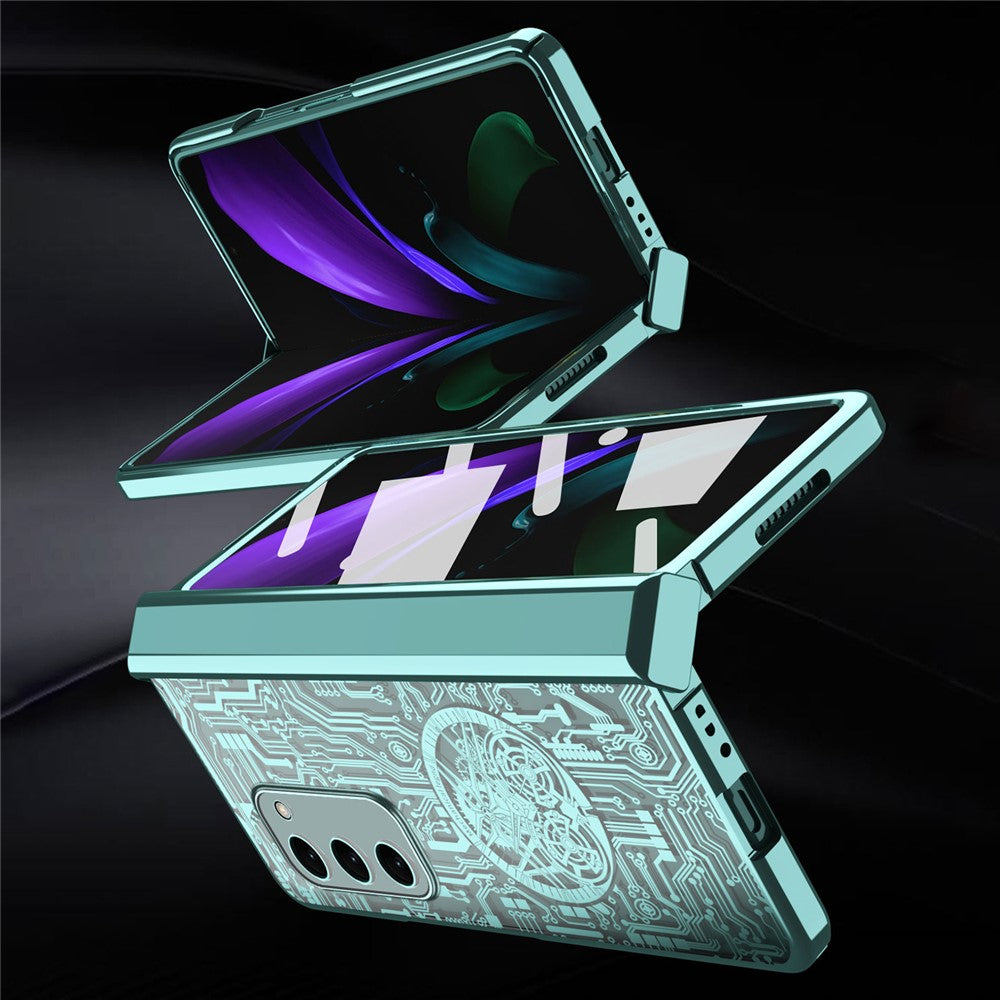 Samsung Galaxy Z Fold2 5G Mechanical Legend Series Hinge Protection Phone Case Hard PC Electroplating Cover with Tempered Glass Film