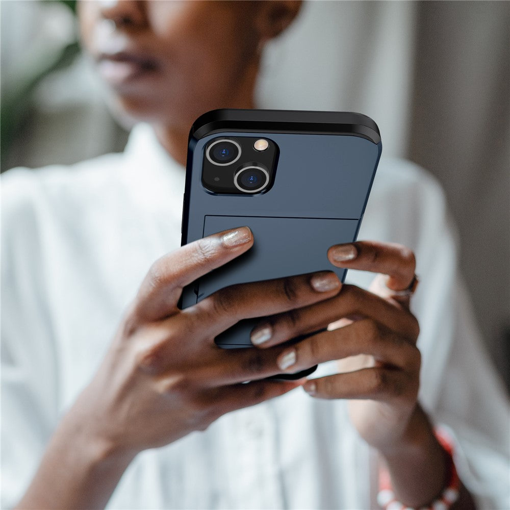 Slide Card Holder Protective Phone Case for iPhone 15 , TPU + PC Drop-proof Cell Phone Cover