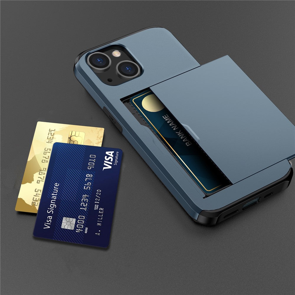 Slide Card Holder Protective Phone Case for iPhone 15 , TPU + PC Drop-proof Cell Phone Cover