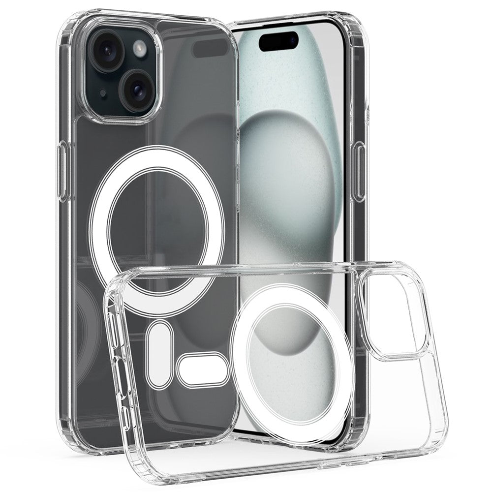 For iPhone 15 Plus Magnetic Ring Design Clear Phone Cover Case Acrylic+TPU Phone Shell Compatible with MagSafe