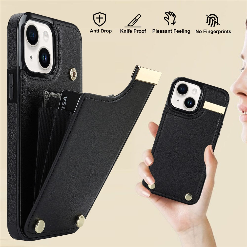 For iPhone 15 Case Card Holder TPU+PU Leather+Metal Hardware Mobile Phone Cover
