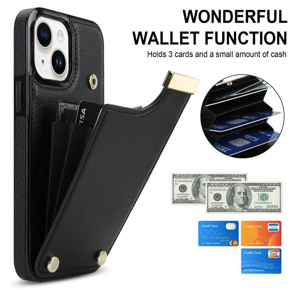 For iPhone 15 Case Card Holder TPU+PU Leather+Metal Hardware Mobile Phone Cover