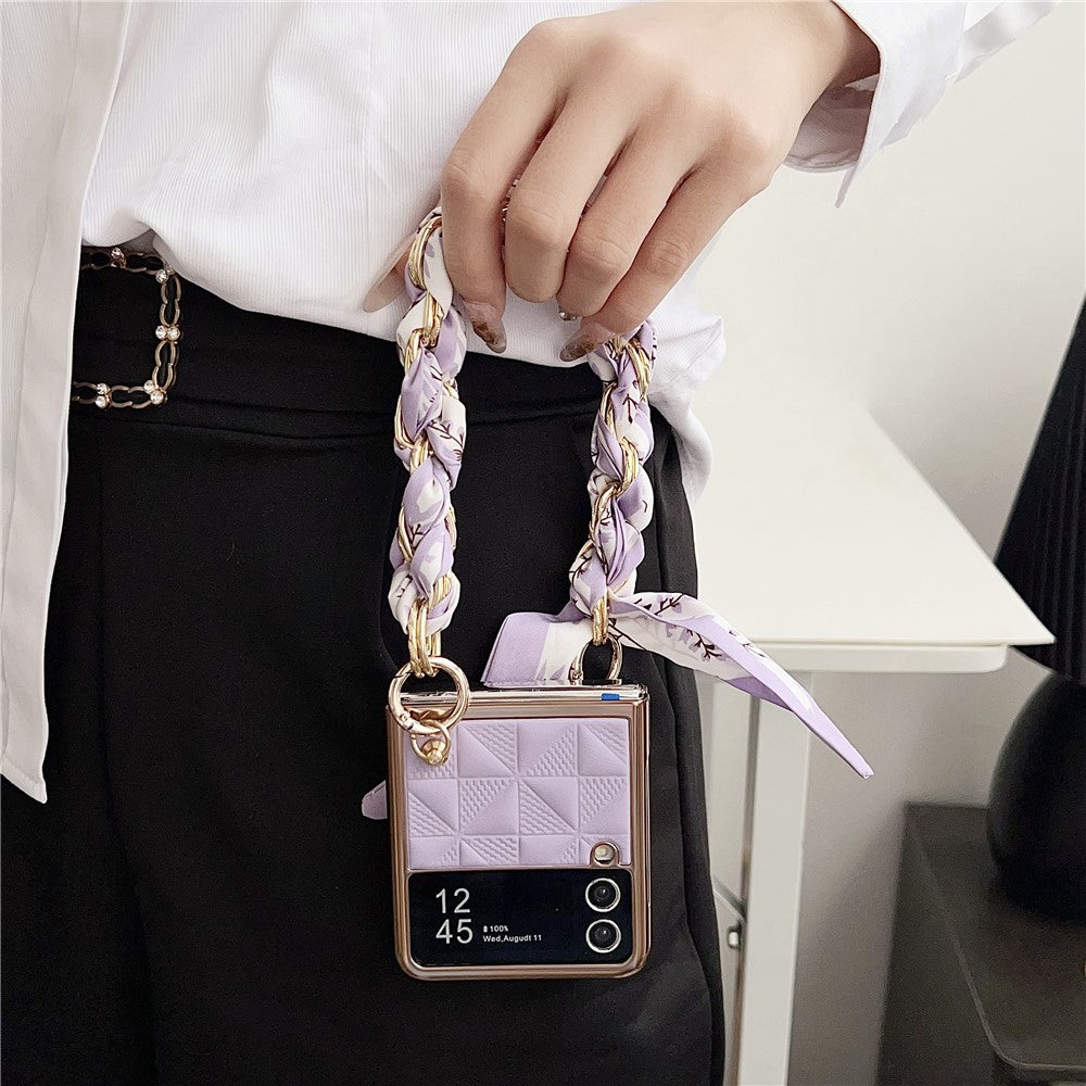 Samsung Galaxy Z Flip3 5G Case Electroplating PU+PC Phone Cover with Strap