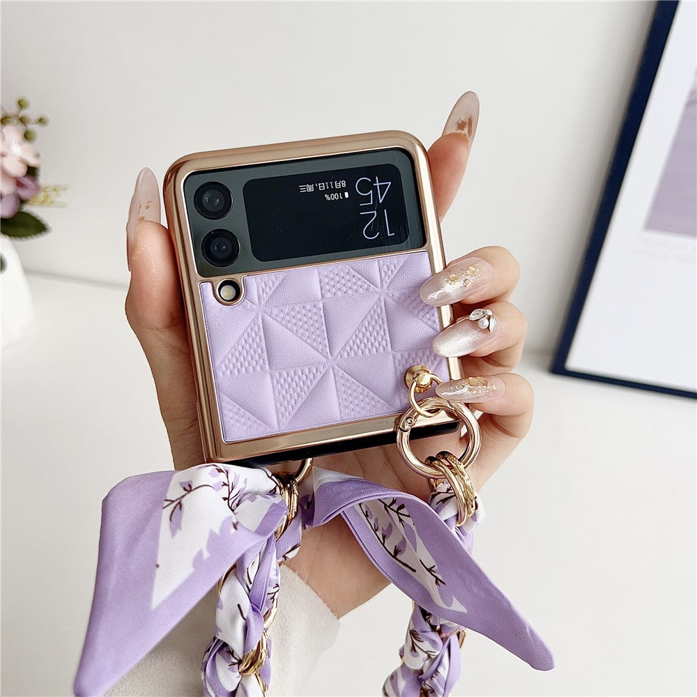 Samsung Galaxy Z Flip3 5G Case Electroplating PU+PC Phone Cover with Strap