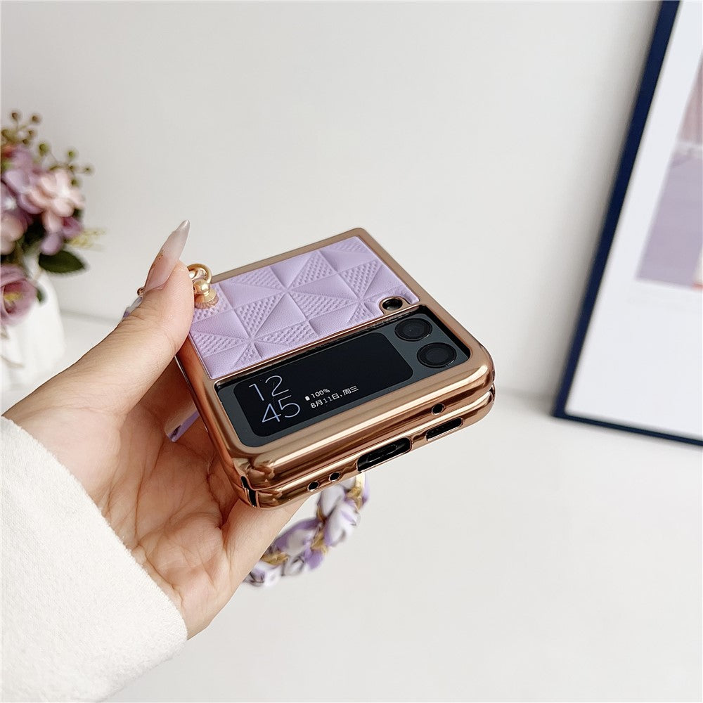 Samsung Galaxy Z Flip3 5G Case Electroplating PU+PC Phone Cover with Strap