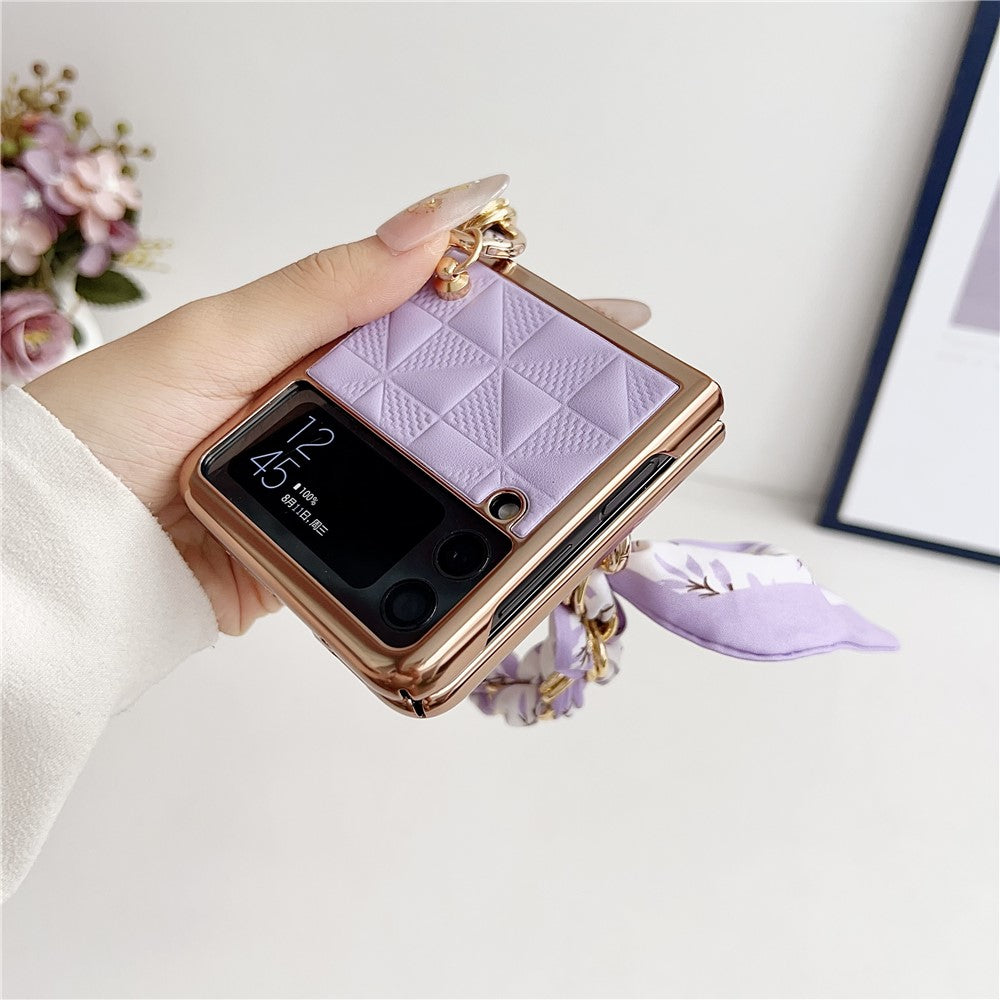 Samsung Galaxy Z Flip3 5G Case Electroplating PU+PC Phone Cover with Strap