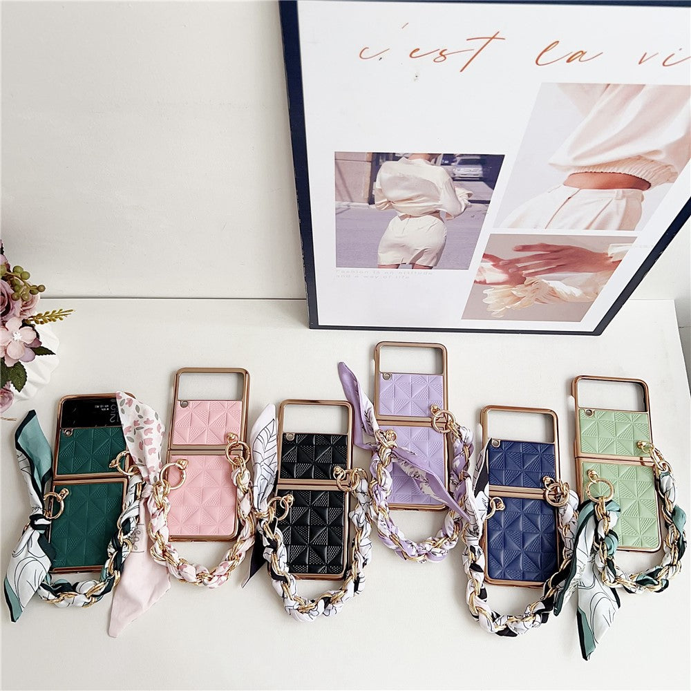 Samsung Galaxy Z Flip3 5G Case Electroplating PU+PC Phone Cover with Strap
