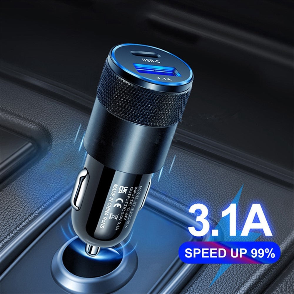 15W 3.1A USB+PD Type-C Port Mini Car Charger Aluminum Alloy Phone Fast Charging Adapter