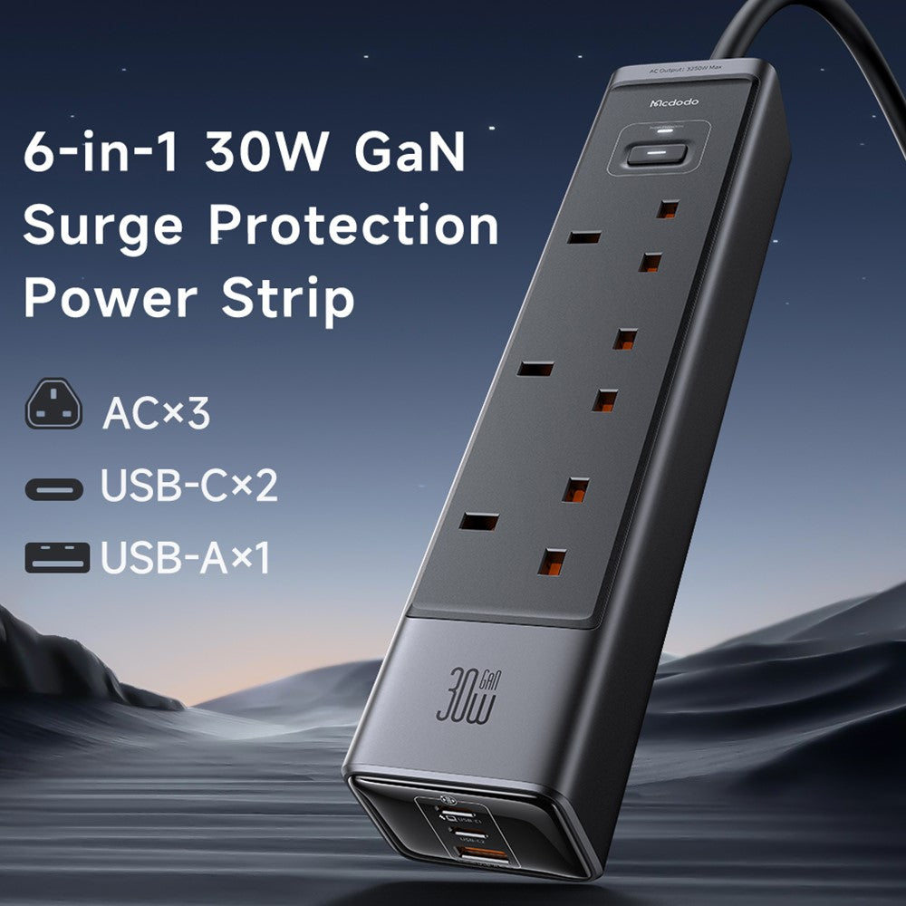 MCDODO CH-0600 UK Plug 6-in-1 30W GaN Surge Protection Power Strip (3 AC+2 USB-C+USB-A)