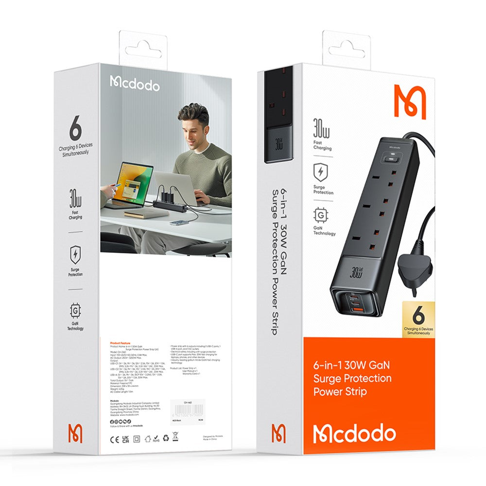 MCDODO CH-0600 UK Plug 6-in-1 30W GaN Surge Protection Power Strip (3 AC+2 USB-C+USB-A)