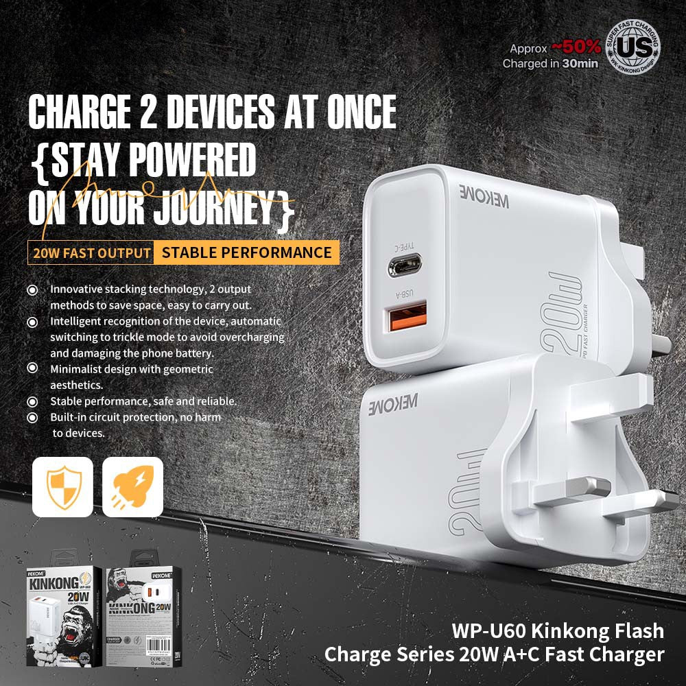 WEKOME WP-U60 20W Fast Charger USB-A / Type-C Dual Port Power Adapter for Multiple Devices