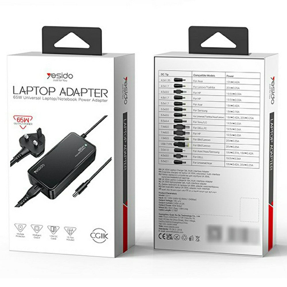 YESIDO CG11E Laptop Charger Kit 65W Power Adapter with 14 DC Connectors