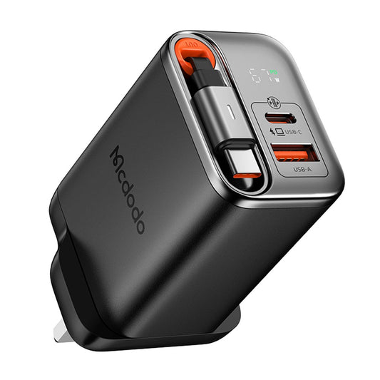 MCDODO CH-409 FreeGo 67W GaN Charger USB-C USB-A Power Adapter with Built-in Retractable Cable, UK Plug