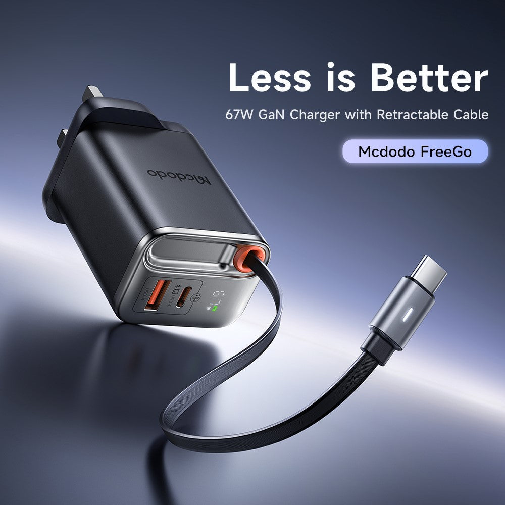 MCDODO CH-409 FreeGo 67W GaN Charger USB-C USB-A Power Adapter with Built-in Retractable Cable, UK Plug