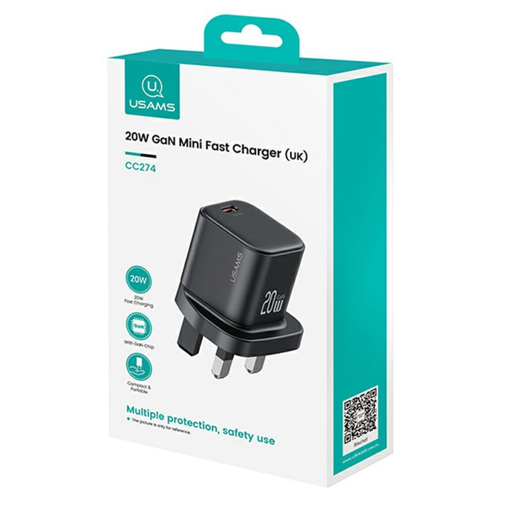 USAMS CC274 20W GaN Mini Fast Charger Type-C Port Output Adapter, UK Plug