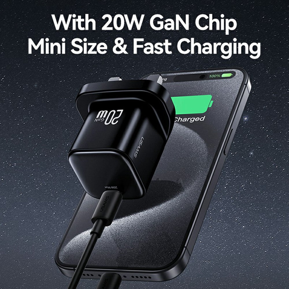 USAMS CC274 20W GaN Mini Fast Charger Type-C Port Output Adapter, UK Plug