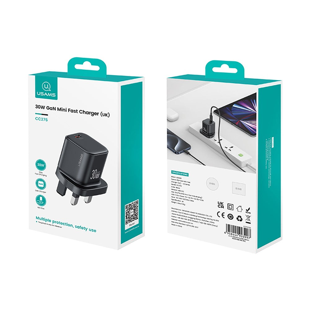 USAMS CC276 30W GaN Mini Fast Charger Type-C Port Power Adapter, UK Plug