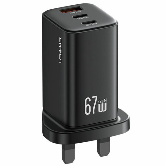 USAMS CC279 67W GaN 3-Port Fast Charger USB + 2 Type-C Phone Tablet Laptop Power Adapter, UK Plug