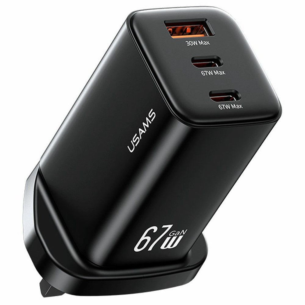 USAMS CC279 67W GaN 3-Port Fast Charger USB + 2 Type-C Phone Tablet Laptop Power Adapter, UK Plug