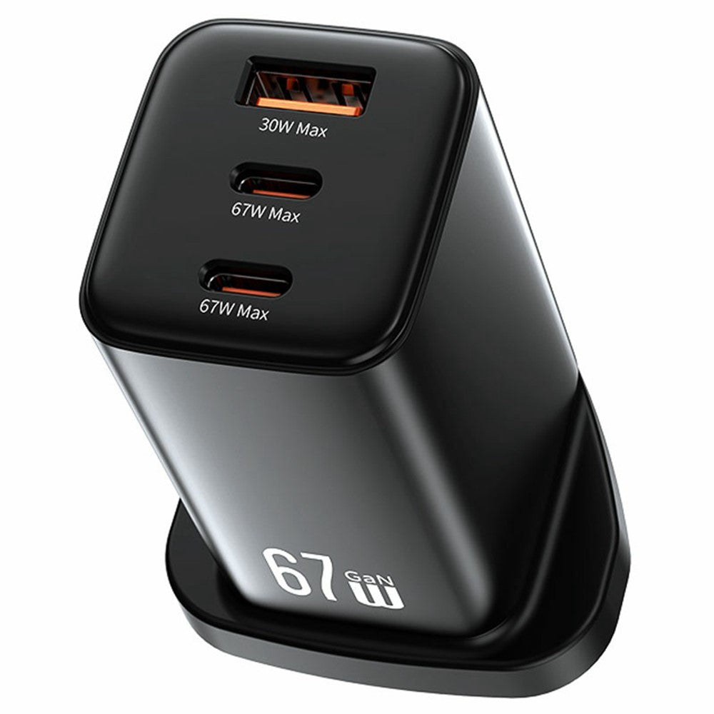 USAMS CC279 67W GaN 3-Port Fast Charger USB + 2 Type-C Phone Tablet Laptop Power Adapter, UK Plug