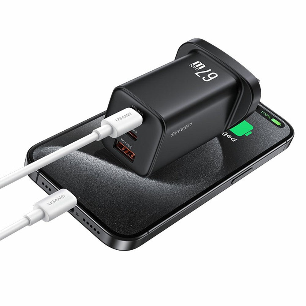 USAMS CC279 67W GaN 3-Port Fast Charger USB + 2 Type-C Phone Tablet Laptop Power Adapter, UK Plug