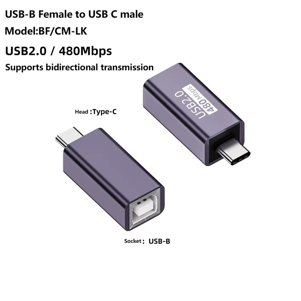 USB-B Female to USB-C Male Converter Adapter 480Mbps Data Transfer Connector for Electric Piano / Printer