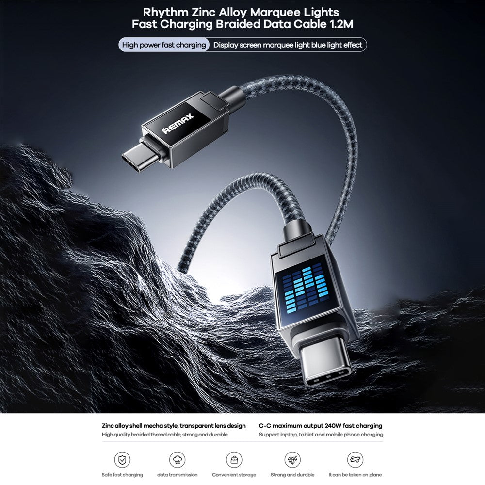 REMAX CB09(C-C) Rhythm 1.2m 240W Zinc Alloy Braided Data Cable Fast Charging Cable with Marquee LED Light
