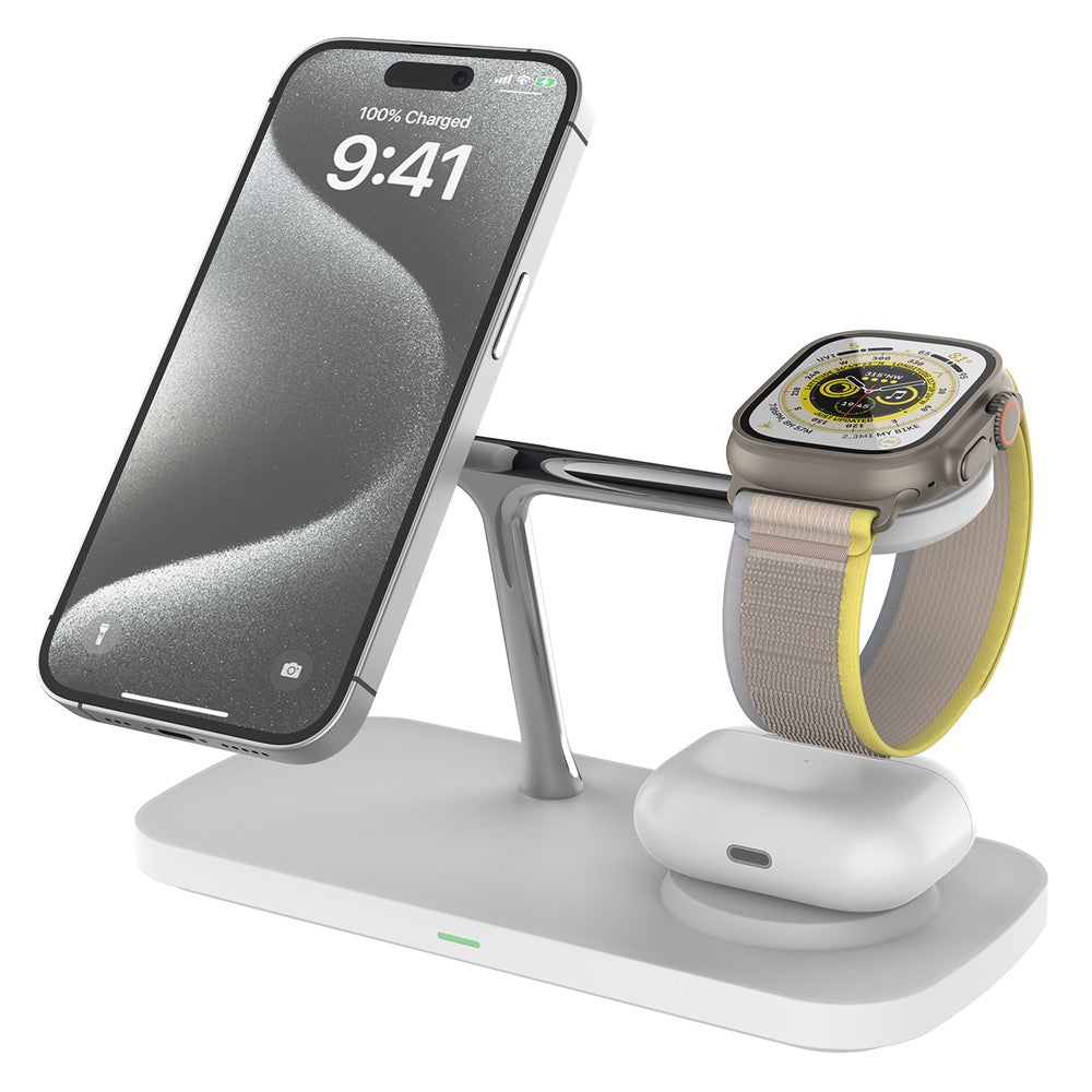 T255 Qi2 15W Magnetic Wireless Charger Watch Earphone Cellphone 3 in 1 Desktop Charging Stand