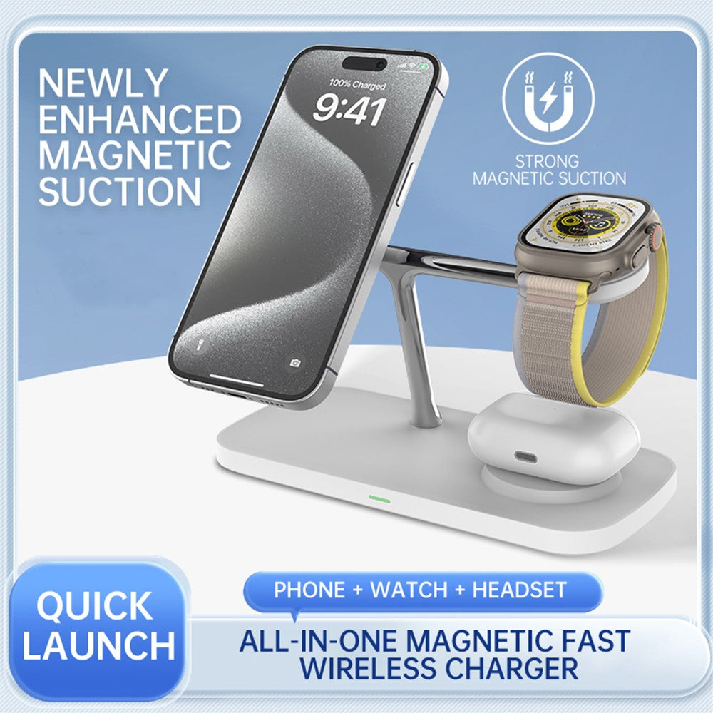 T255 Qi2 15W Magnetic Wireless Charger Watch Earphone Cellphone 3 in 1 Desktop Charging Stand