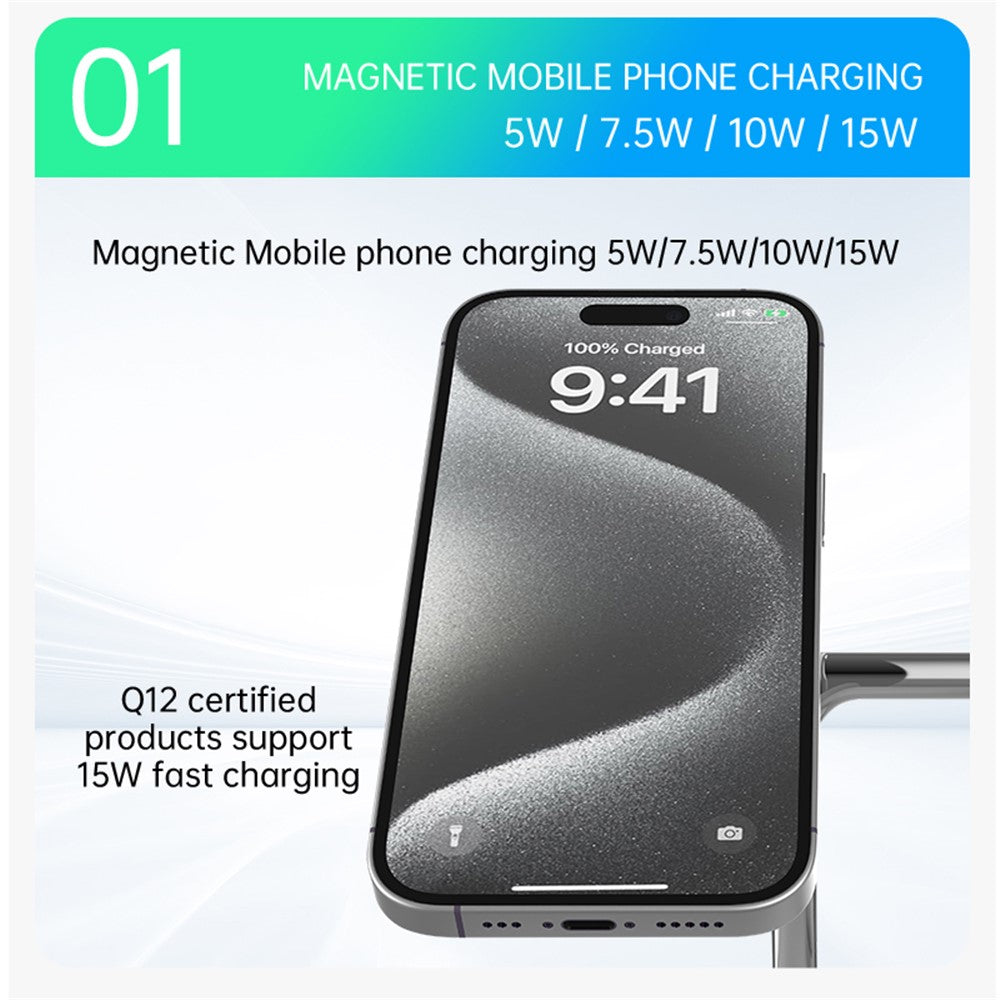 T255 Qi2 15W Magnetic Wireless Charger Watch Earphone Cellphone 3 in 1 Desktop Charging Stand