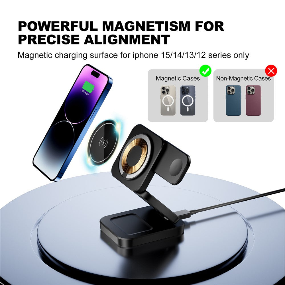 A390 3-in-1 15W Fast Charging Magnetic Wireless Charger Folding Bracket Compatible with iPhone  /  Apple Watch  /  Airpods