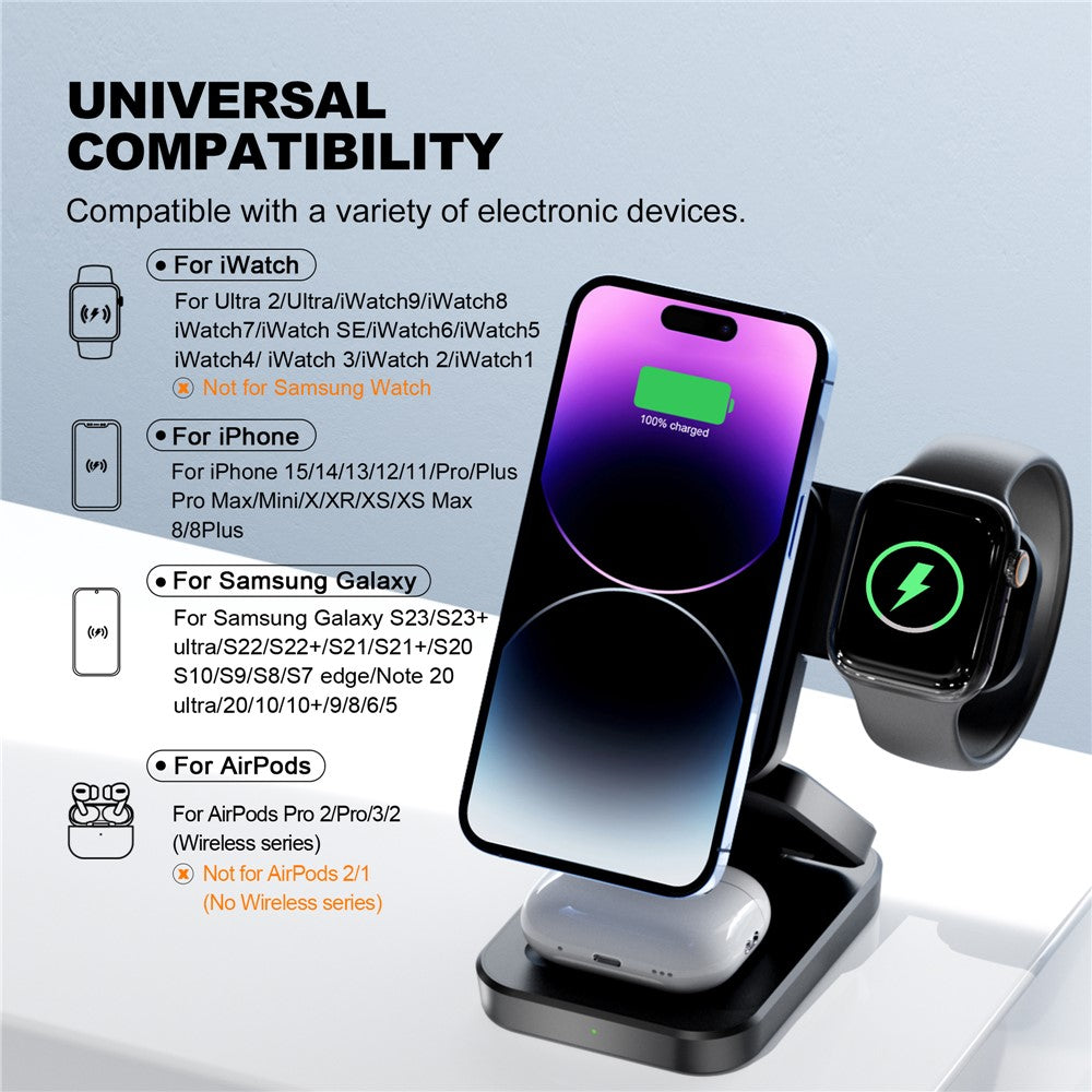 A390 3-in-1 15W Fast Charging Magnetic Wireless Charger Folding Bracket Compatible with iPhone  /  Apple Watch  /  Airpods