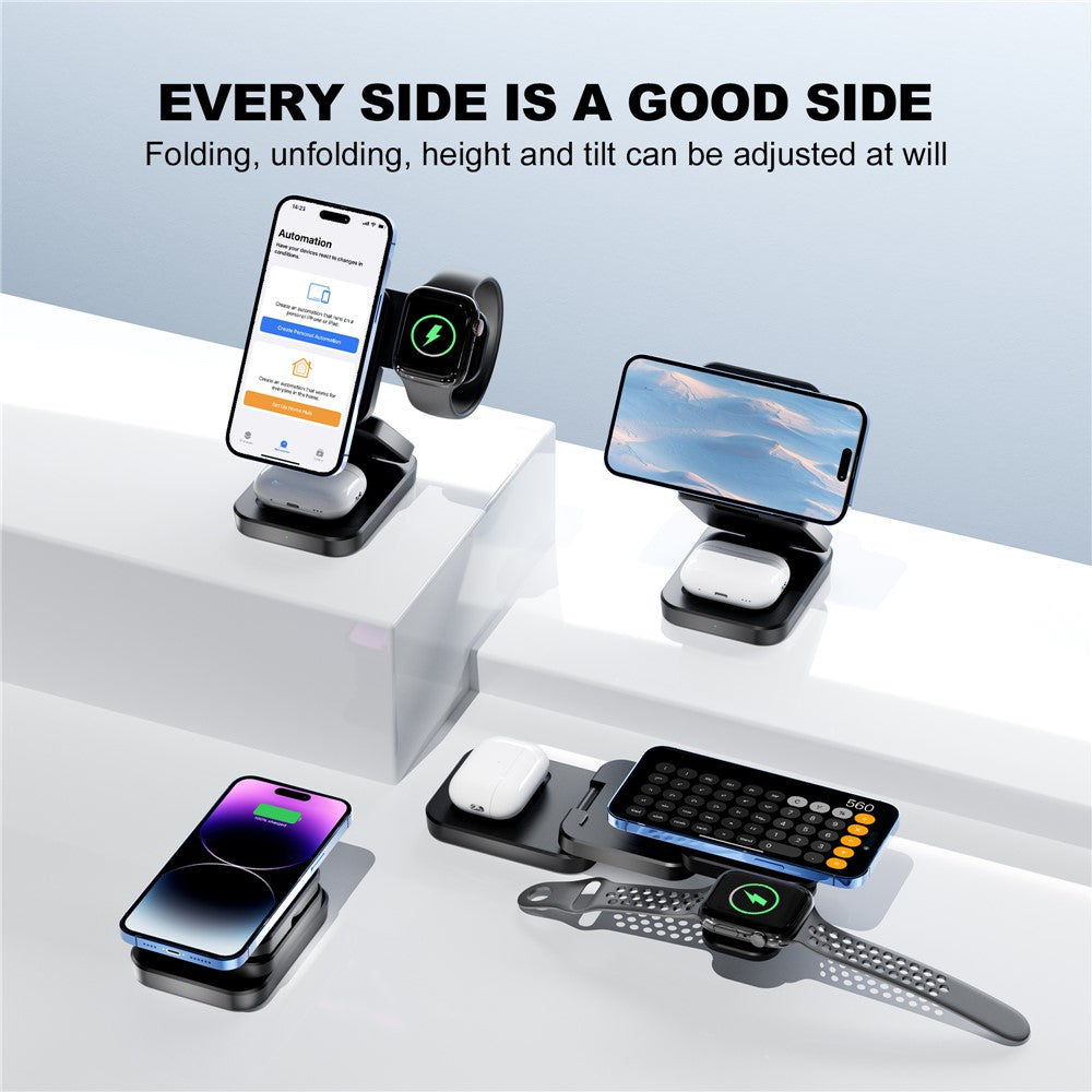 A390 3-in-1 15W Fast Charging Magnetic Wireless Charger Folding Bracket Compatible with iPhone  /  Apple Watch  /  Airpods