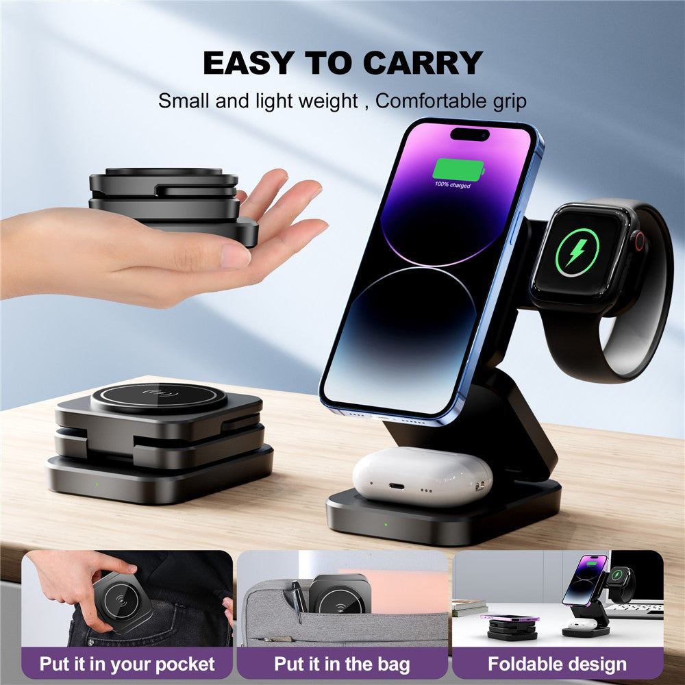 A390 3-in-1 15W Fast Charging Magnetic Wireless Charger Folding Bracket Compatible with iPhone  /  Apple Watch  /  Airpods