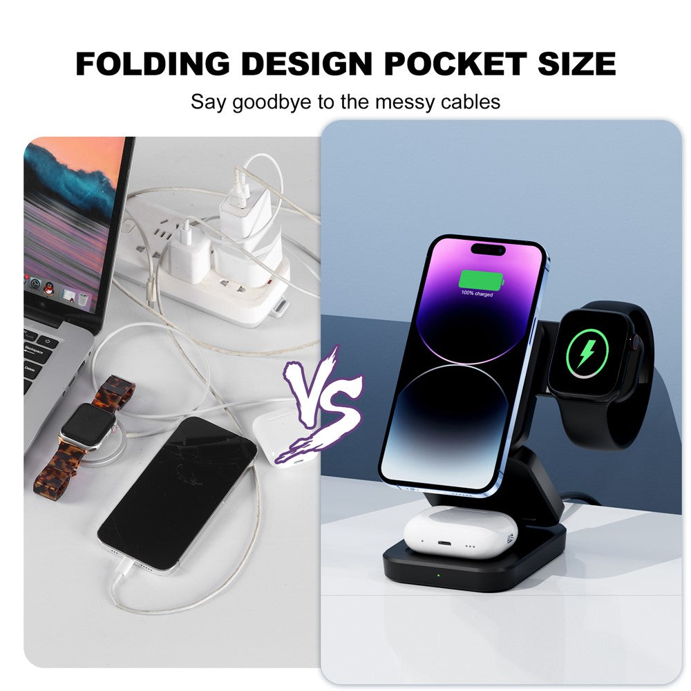 A390 3-in-1 15W Fast Charging Magnetic Wireless Charger Folding Bracket Compatible with iPhone  /  Apple Watch  /  Airpods