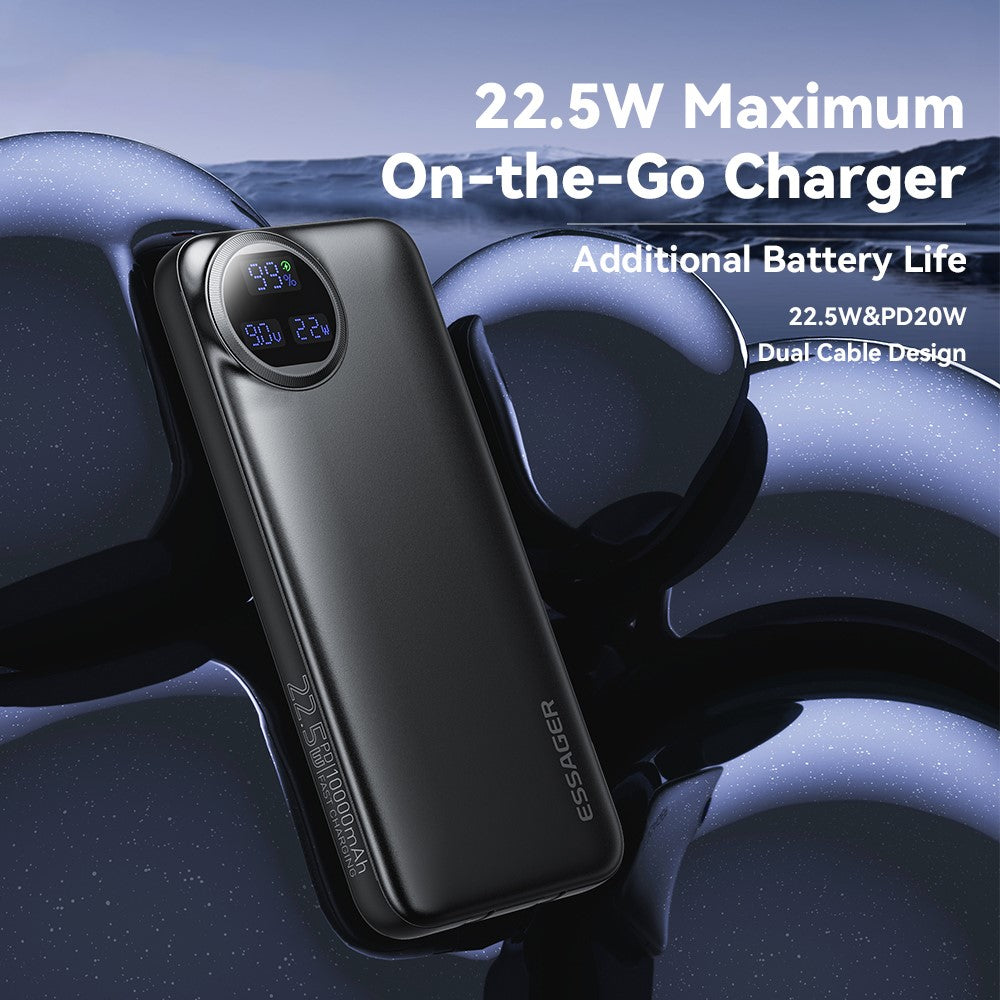 ESSAGER 10000mAh Power Bank with Type-C + iP Cables 22.5W Fast Charging Digital Display Battery Pack