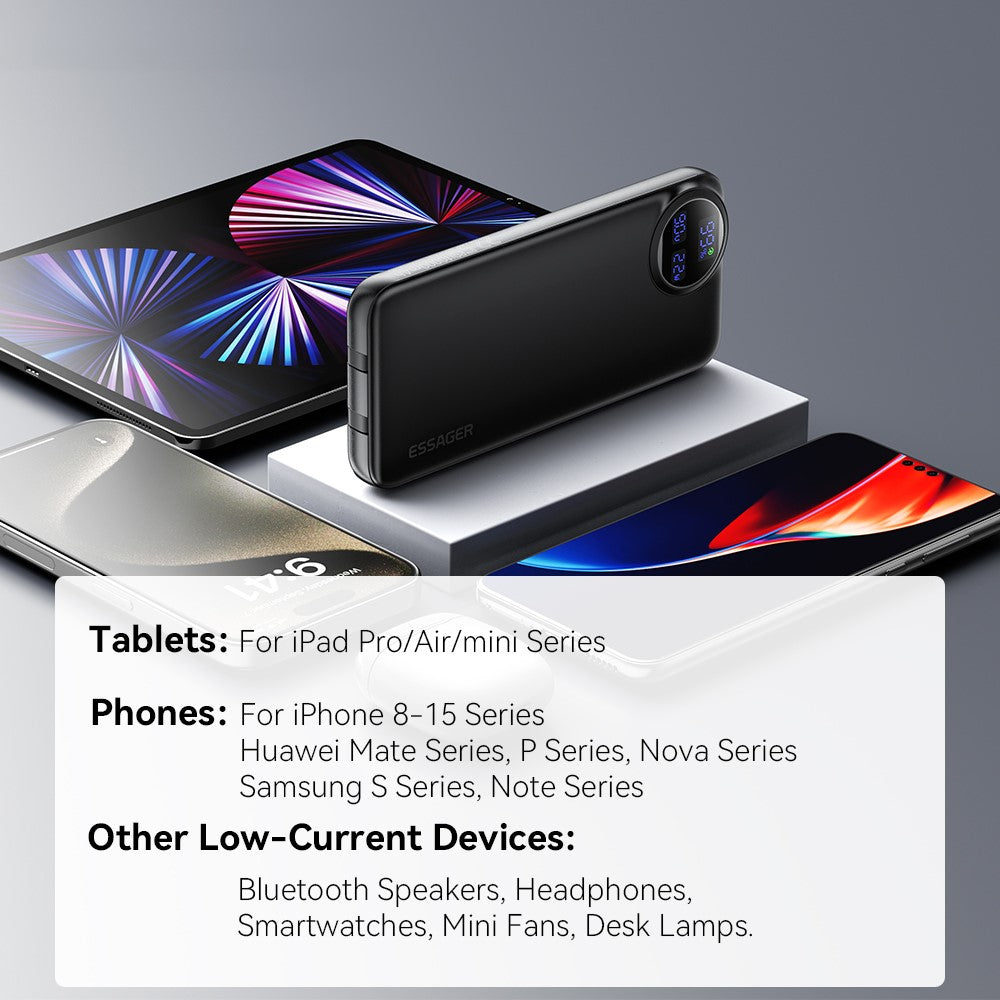 ESSAGER 10000mAh Power Bank with Type-C + iP Cables 22.5W Fast Charging Digital Display Battery Pack