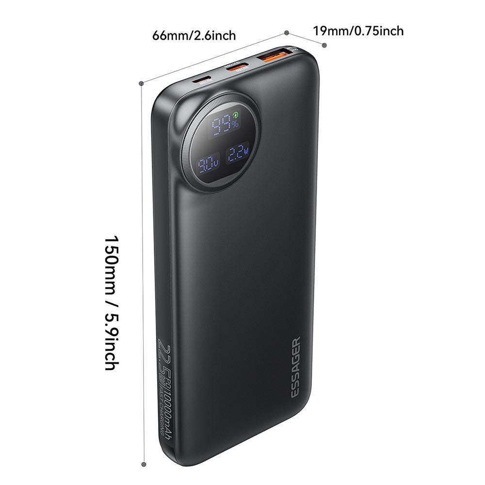 ESSAGER 10000mAh Power Bank with Type-C + iP Cables 22.5W Fast Charging Digital Display Battery Pack