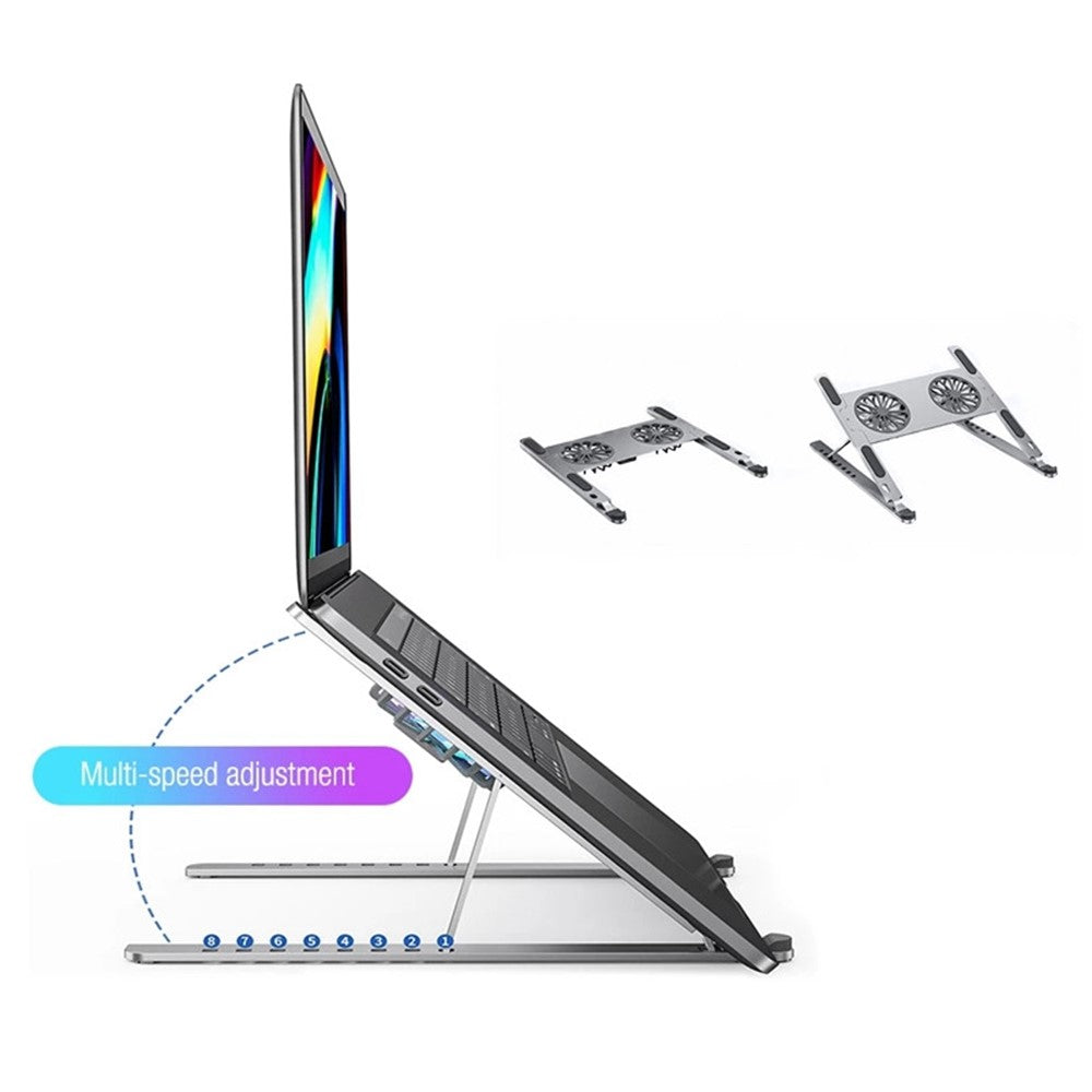 P11F Portable Folding Laptops Stand Aluminum Alloy Adjustable Desktop Tablets Holder with 2 Cooling Fan for Tablets, Notebooks