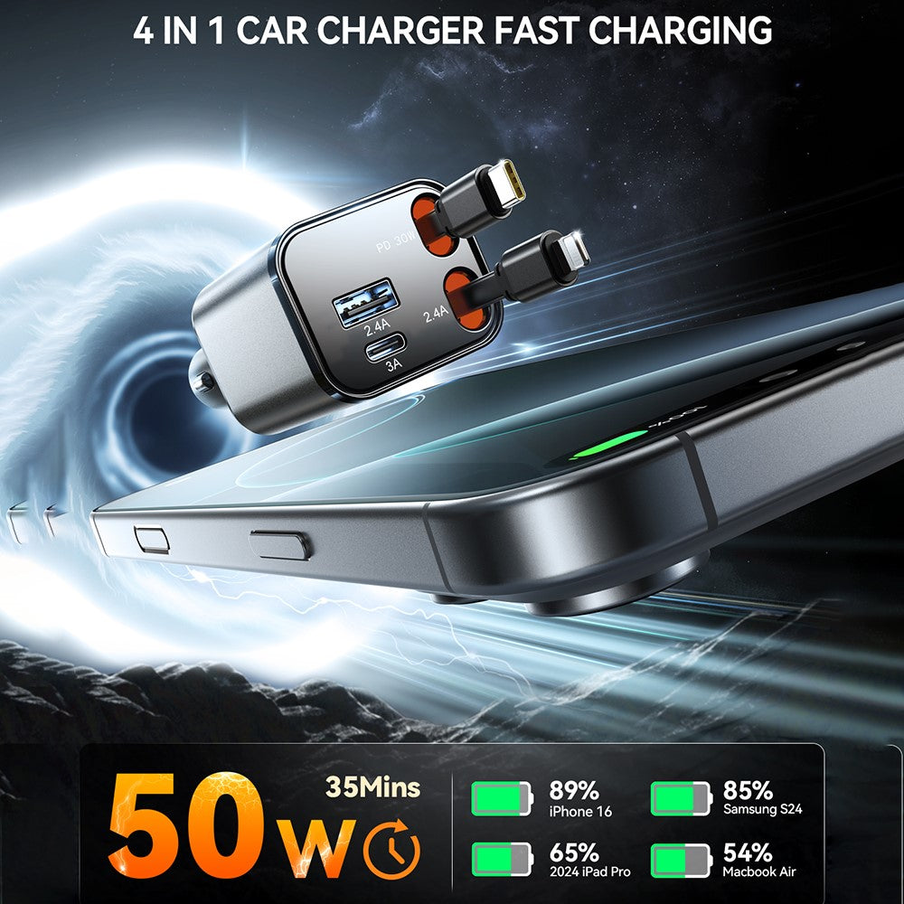 JOYROOM CCL05 4 in 1 Car Charger with 50W Fast Charging Retractable Dual Cables
