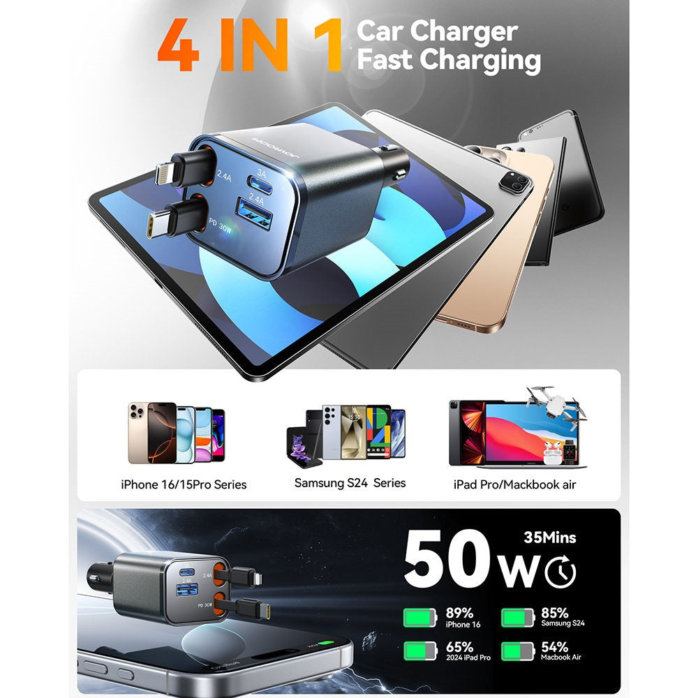 JOYROOM CCL05 4 in 1 Car Charger with 50W Fast Charging Retractable Dual Cables