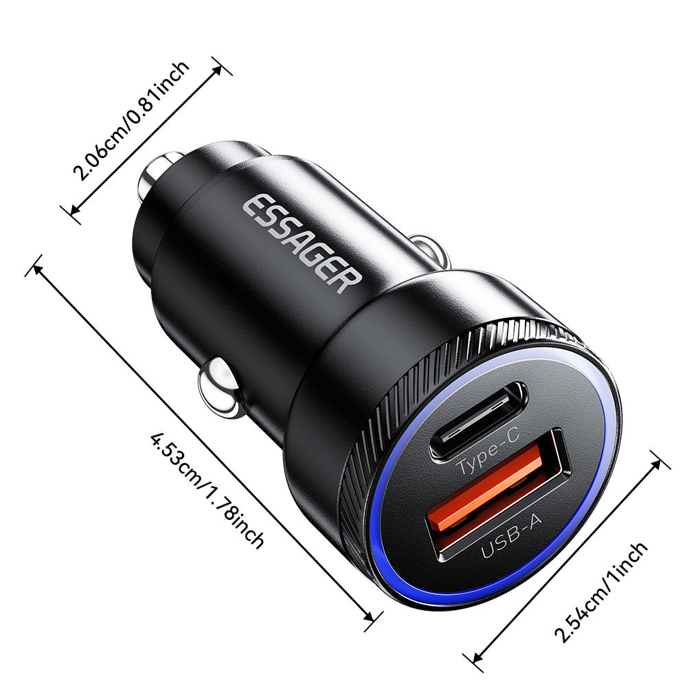 ESSAGER 54W USB+Type-C Phone Fast Charging Adapter ABS+Aluminum Alloy Mini Car Charger