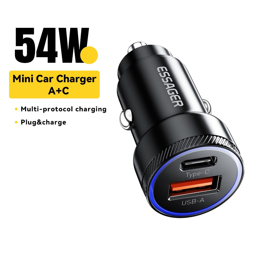 ESSAGER 54W USB+Type-C Phone Fast Charging Adapter ABS+Aluminum Alloy Mini Car Charger