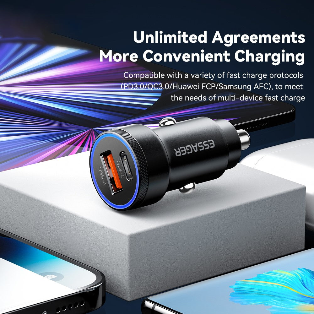 ESSAGER 54W USB+Type-C Phone Fast Charging Adapter ABS+Aluminum Alloy Mini Car Charger