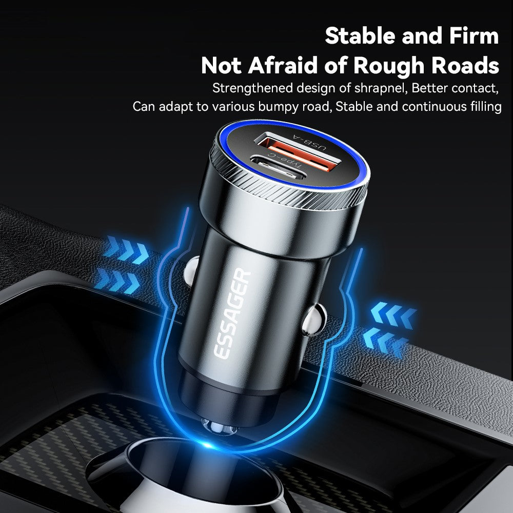 ESSAGER 54W USB+Type-C Phone Fast Charging Adapter ABS+Aluminum Alloy Mini Car Charger