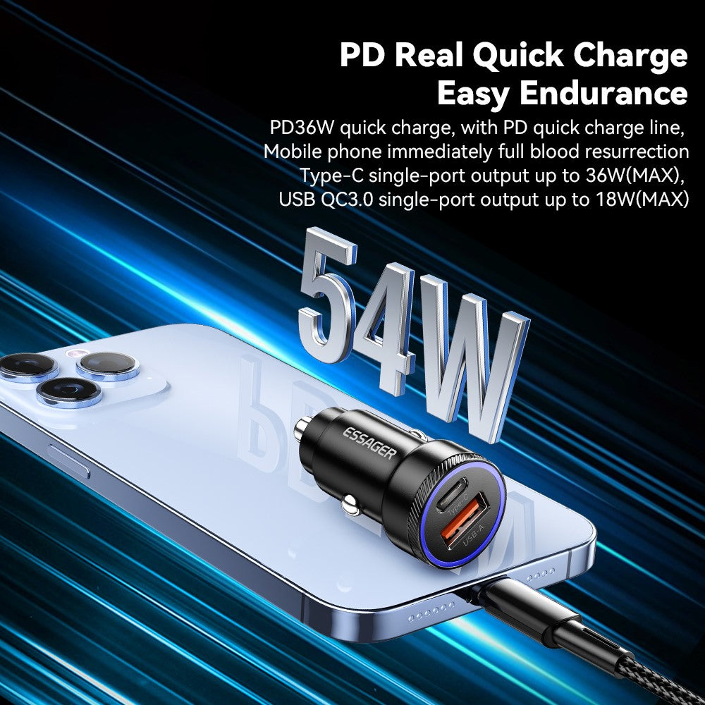 ESSAGER 54W USB+Type-C Phone Fast Charging Adapter ABS+Aluminum Alloy Mini Car Charger