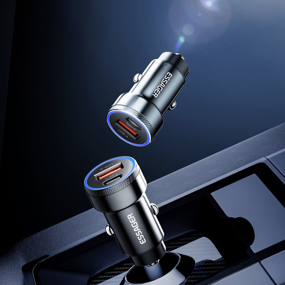 ESSAGER 54W USB+Type-C Phone Fast Charging Adapter ABS+Aluminum Alloy Mini Car Charger