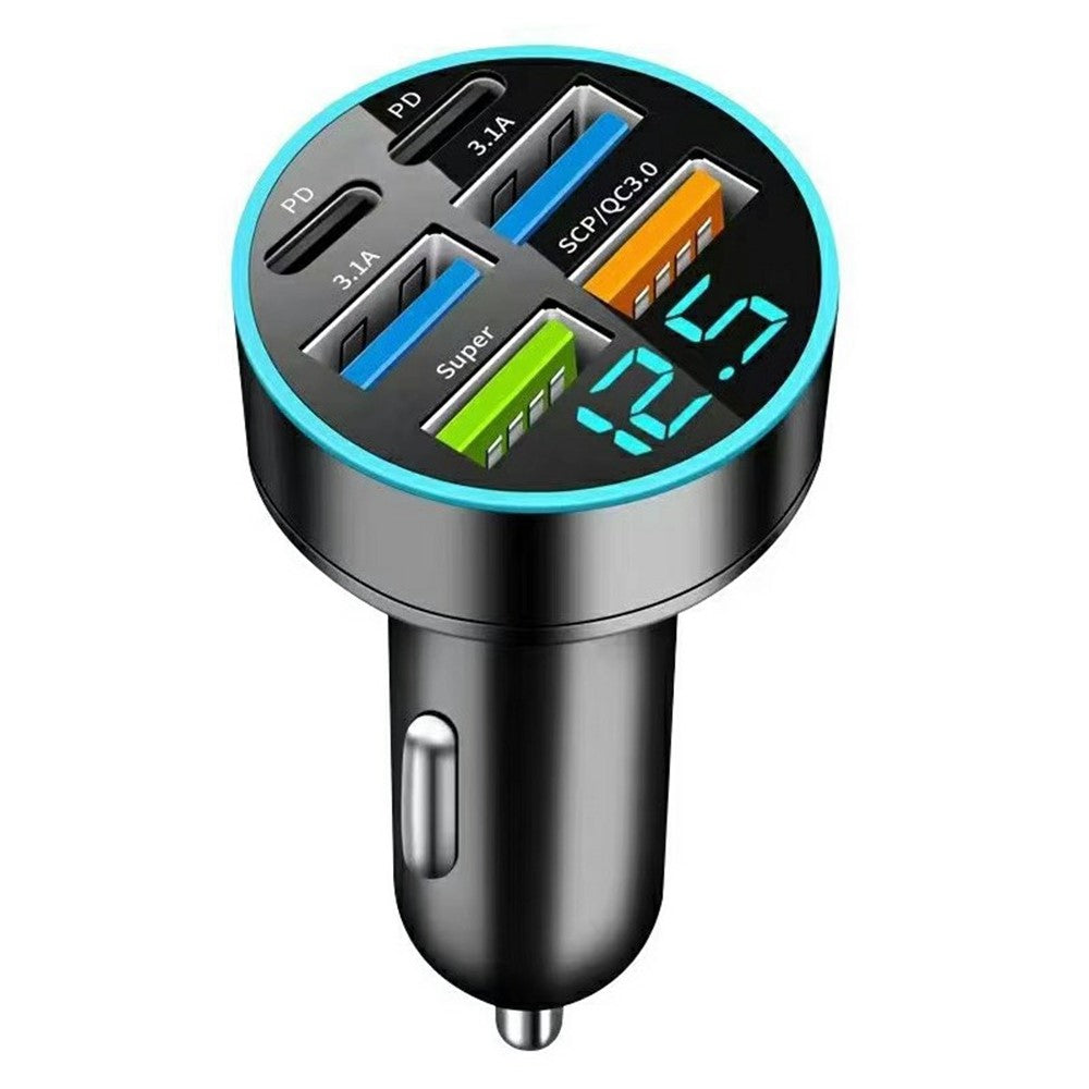 100W High Power 6-Port Car Charger PD QC3.0 Fast Charging Adapter with Voltage Display